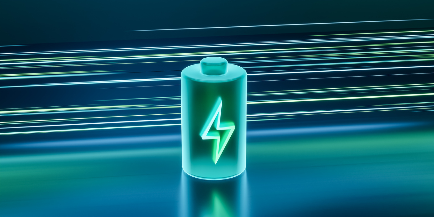 Glowing green power neon futuristic energy storage, high capacity rechargeable lithium ion battery, 3D rendering light trail of future electric vehicle clean energy technology concept